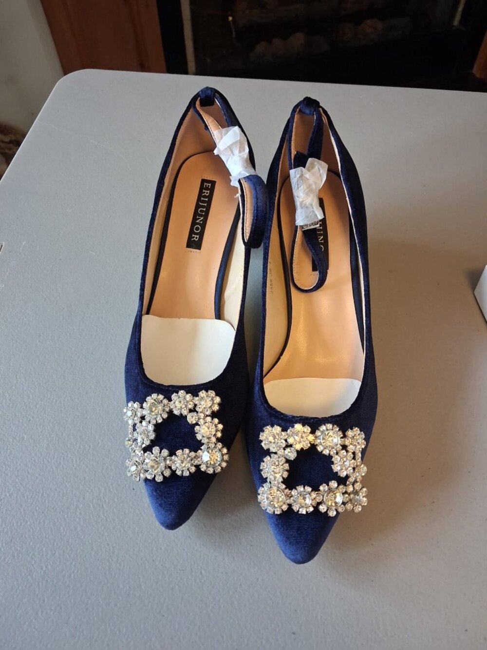 NWT Navy Pointed Toe Slingback Heels Rhinestone Statement Shoes Sz 7